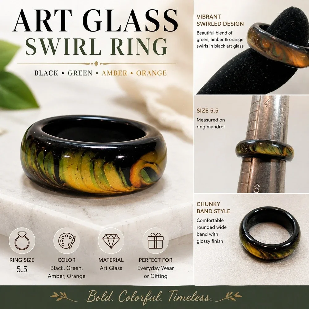 Art Glass Swirl Ring Black Green Amber Orange Chunky Band Size 5.5